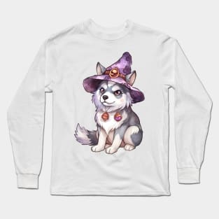 Watercolor Siberian Husky Dog in Witch Hat Long Sleeve T-Shirt